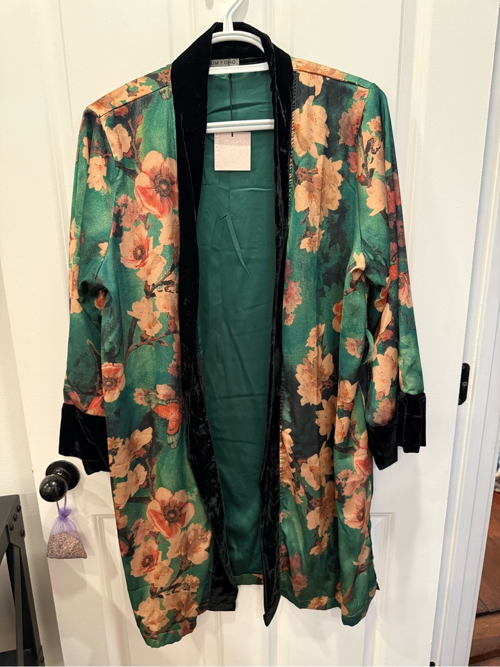 Green Floral Satin Robe with Black Velvet Trim by Unknown